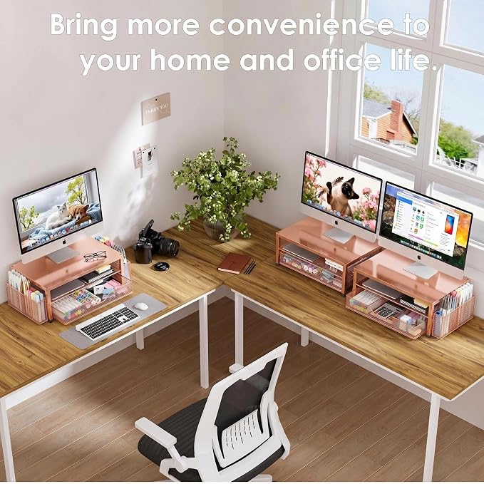 OPNICE Computer Monitor Stand Riser, Desk Organizer with Drawer, Printer & Laptop Stand, Office Desk Accessories & Workspace Desktop Organizers Storage for Office Supplies(Rose Gold) - Image 7