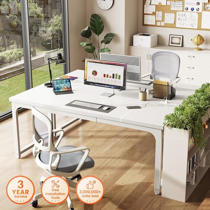 Huuger 63 x 24 inch Desk with Power Outlets & USB-C, Deeper & Thicker Desktop, Robust Metal Tubes, Computer Desk, Heavy Duty Office Desk, Work Gaming Desk, for Home Office, White - Image 3