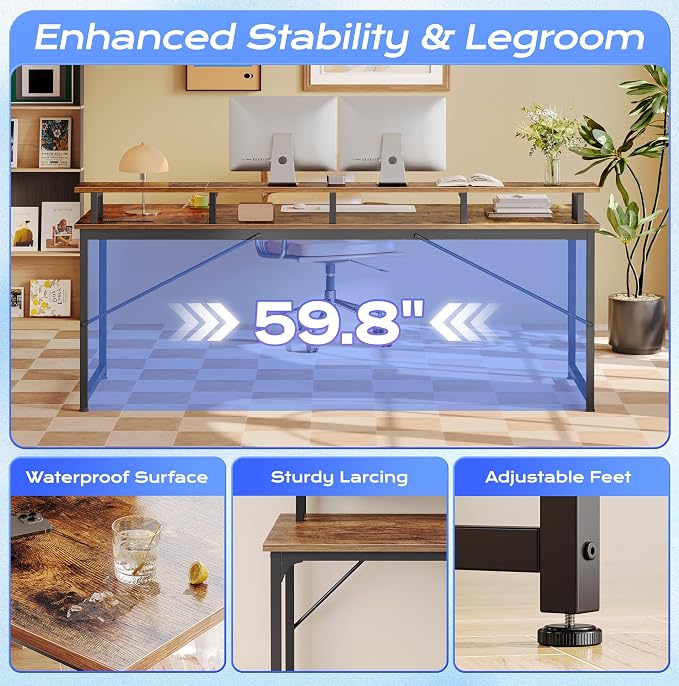 PRAISUN 63 inch Gaming Desk, LED & Outlets, Monitor Stand, Rustic Brown | Sturdy PC Desk for Home Office, Study & Work, LED Lights, 4 AC Outlets & USB-C Charging Station - Image 8