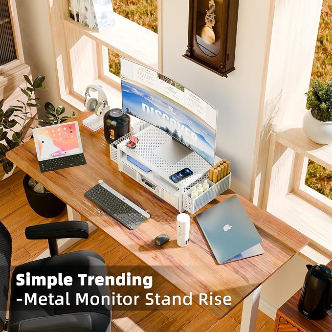 Simple Trending 2 Tier Metal Monitor Stand Monitor riser and Computer Desk Organizer with Drawer and Pen Holder for Laptop, Computer, iMac, White - Image 2
