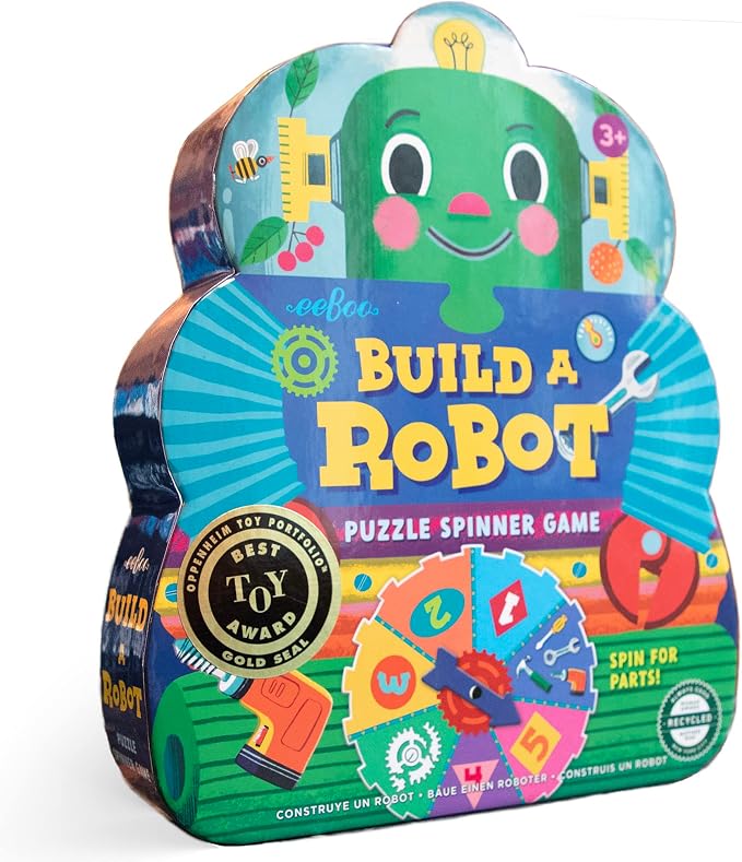 eeBoo Build a Robot Spinner Game, Matching Game, Ages 3+, 2-4 Players | Introduces early number recognition & imaginative play. Includes spinner & robot building pieces. 15-30 min game by eeBoo