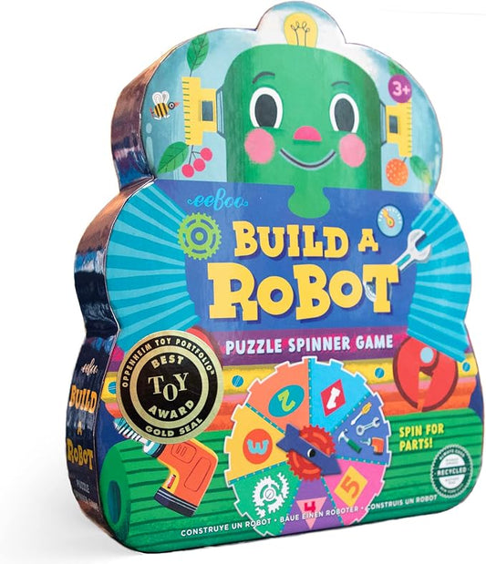 eeBoo Build a Robot Spinner Game, Matching Game, Ages 3+, 2-4 Players | Introduces early number recognition & imaginative play. Includes spinner & robot building pieces. 15-30 min game by eeBoo