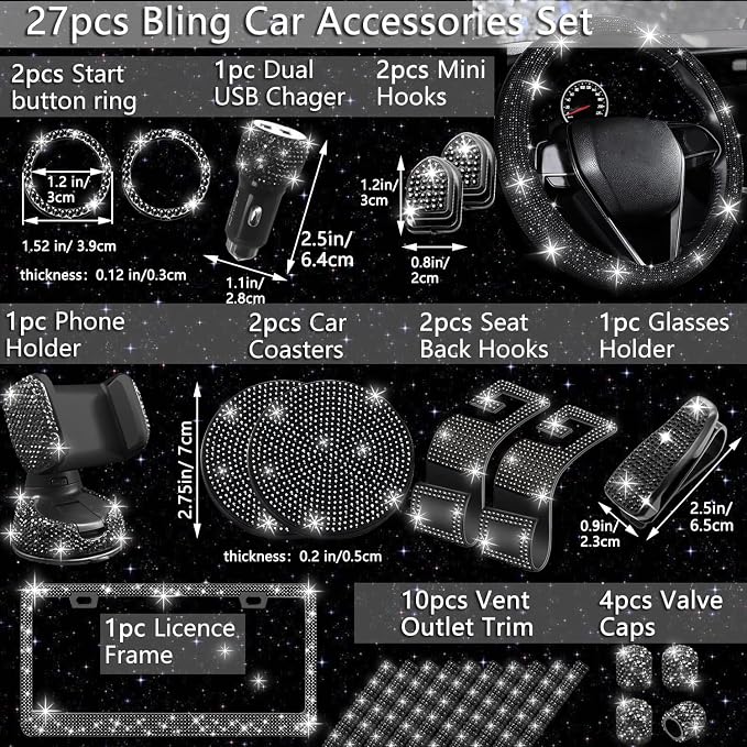 NBTEPEM 27 PCs Black Bling Car Accessories Set for Women, Steering Wheel Covers Universal Fit 15 Inch, Bling License Plate Frame, Bling Phone Holder, Bling Car Coasters (Black Diamond) - Image 2