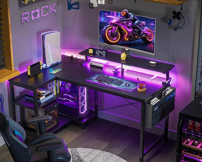 ODK 40 Inch L Shaped Gaming Desk with LED Lights, Power Outlets, Black | Adjustable Monitor Stand, Open Storage Shelves, Hanging Side Bag, PC Tower Stand, Reversible Layout for Gaming - Image 2