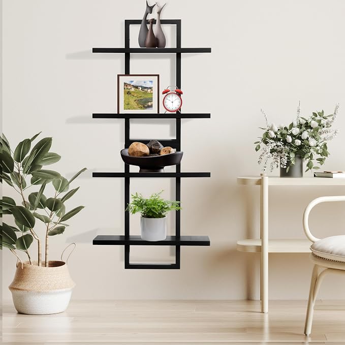 PHOENANCEE Floating Shelves for Wall,Display Hanging Shelf Set of 2,Modern Decorative Plants Shelves,Wood Home Decor Storage Chic for Living Room Bedroom Bathroom Office,Oak Frame,2-Tier Black - Image 2