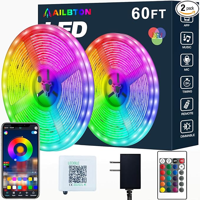 AILBTON Led Strip Lights,60ft Music Sync Color Changing, Built-in Mic,Bluetooth App Control LED Tape Lights with Remote,5050 RGB Rope Light Strips by AILBTON