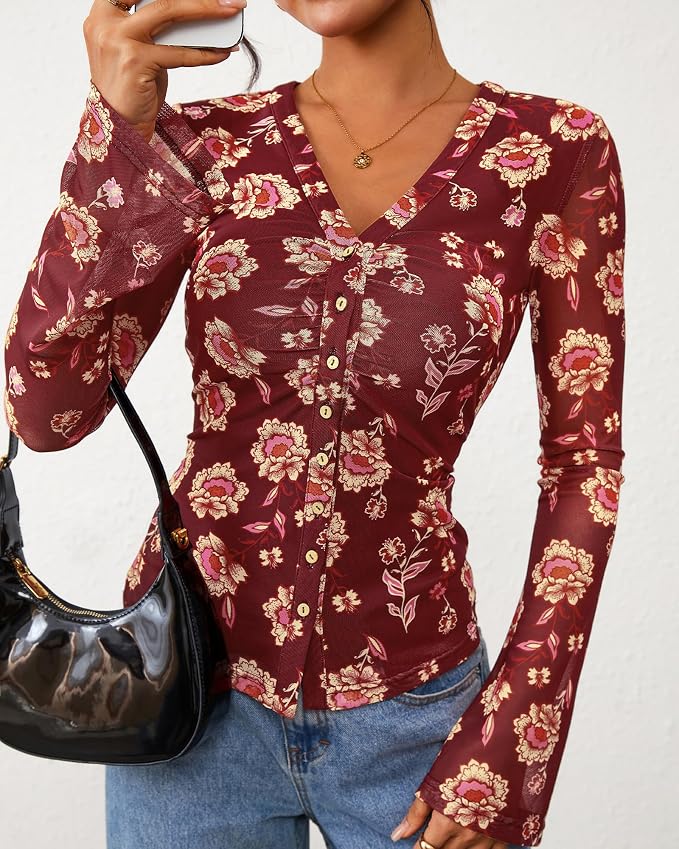 BTFBM Button Down Shirts for Women 2026 Fall Boho Tops V Neck Long Sleeve Blouses Ruched Mesh Fitted Fashion Clothing - Image 4