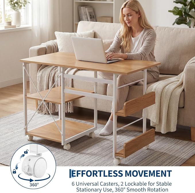Garvee Folding Desk with Wheels, 31.5" Foldable Computer Desk with Storage Shelf, Space Saving Rolling Home Office Desk for Small Spaces, Portable Writing Table with Side Organizer, Oak - Image 6