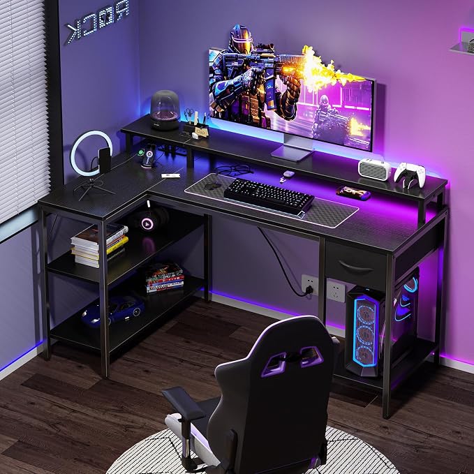 DUMOS Gaming Desk, Monitor Stand, LED Lights, Storage Shelves | USB Charging Ports, Power Outlets, Reversible L Shaped Corner, Small Spaces, Black - Image 2