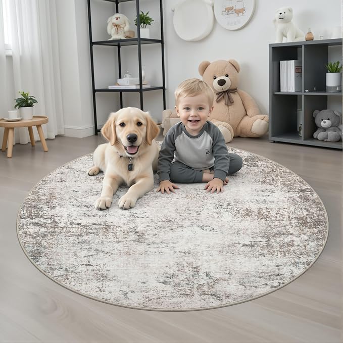 Round Area Rug for Living Room: 4 ft Washable Modern Abstract Soft Thin Rug Indoor Floor No Slip Stain Resistant Carpet for Bedroom Dining Room Farmhouse Nursery Home Office - Brown Grey - Image 2