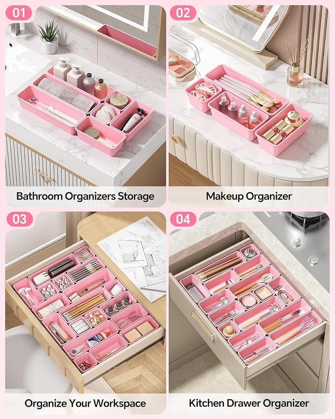 Canfanni 13 Pack Plastic Drawer Organizers Set, 3 Sizes Desk Drawer Organizer Trays for Vanity and Makeup Organizer, Organization and Storage for Makeup, Kitchen Utensils, Bathroom and Office(Pink) - Image 5