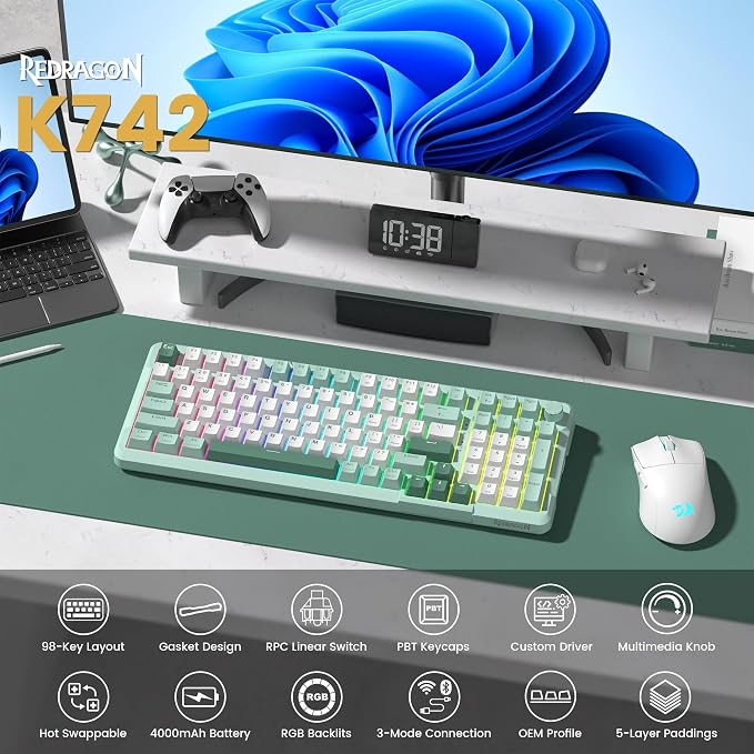 Redragon K742 Bluetooth Wireless Mechanical Gaming Keyboard with Knob | BT5.0/2.4GHz/USB C Creamy Keyboard with Number Pad for PC Computer, RGB Backlits, Hot-Swappable with Linear Switches (Green) - Image 2