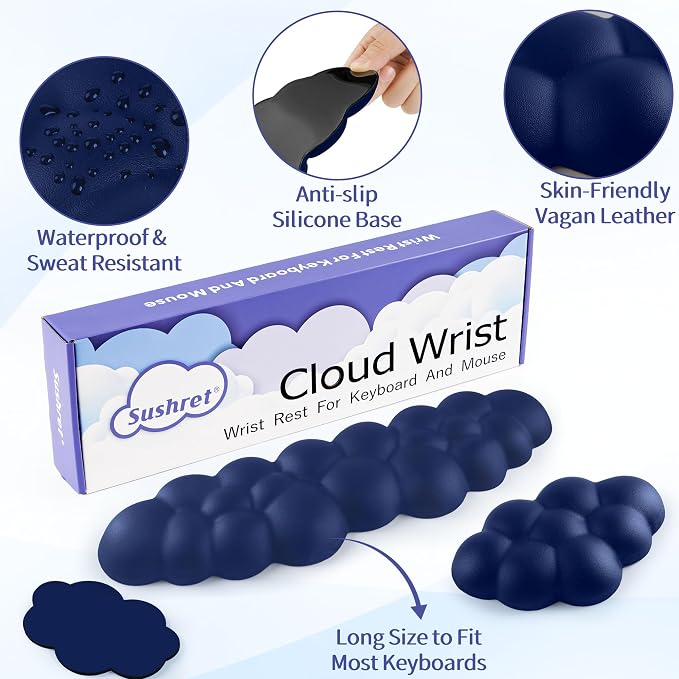 Sushret Cloud Wrist Rest Keyboard, Cloud Keyboard Wrist Pad Set with PU Leather Memory Foam, Cute Arm Rest for Palm Support, PC/Gaming Desk Accessories/Office Setup/Computer Hand Cushion - Dark Blue - Image 5