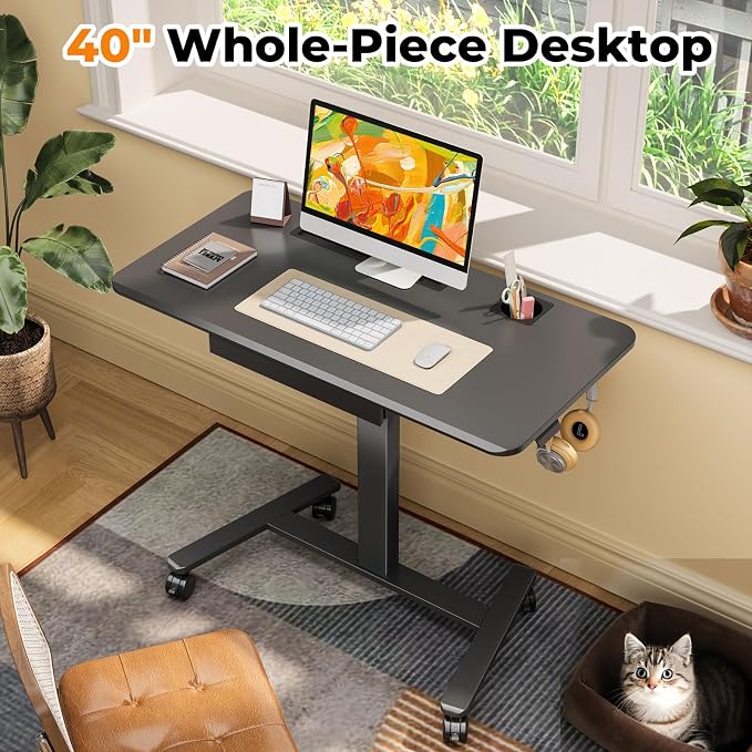 40"×20" Mobile Desk with Drawer, Rolling Desk with Storage | Height Adjustable Portable Laptop Desk on Wheels, Small Computer Desk with Cup Holder and Hooks for Study & Work, Black - Image 7