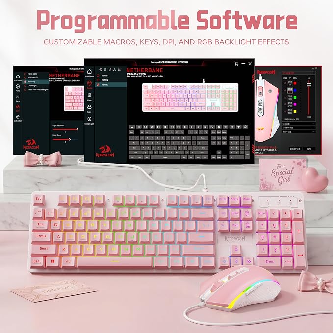 Redragon Updated S107WP Gaming Keyboard and Mouse, RGB Gaming Keyboard and 10000 DPI Mouse Combo with 25-Key Anti-Ghosting, 1K Hz Programmable Mice with Software, Plug & Play to PC, Laptop - Pink - Image 3