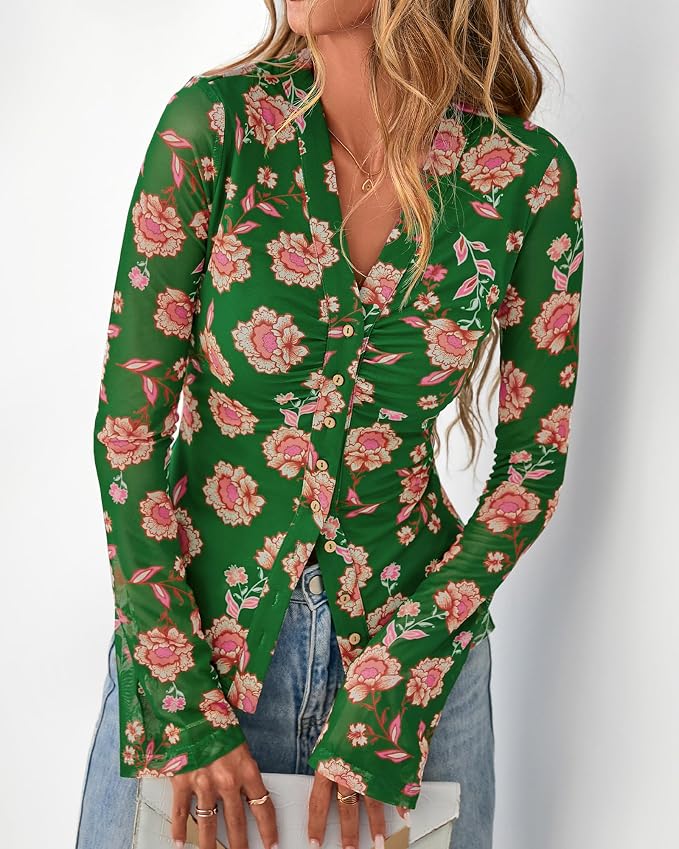 BTFBM Button Down Shirts for Women 2026 Fall Boho Tops V Neck Long Sleeve Blouses Ruched Mesh Fitted Fashion Clothing - Image 7