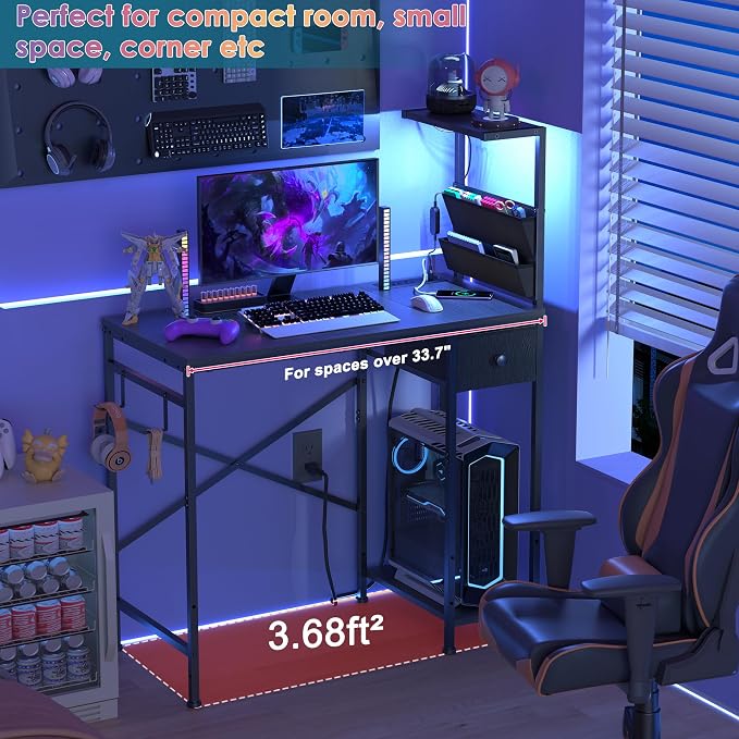 33.7 Inch Small Gaming Desk Table with LED Lights & Power Outlets, Compact L Shaped Gaming Computer Desk with CPU Stand, Drawer & Storage, Corner PC Desk for Kids, Home Office , Bedroom, Black - Image 8