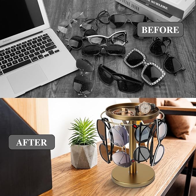 kondyfayo 360° Rotating Sunglass Organizer Storage, Stainless Steel Glasses Holder Stand, Glasses Organizer with Tray for Desk, Dresser, Tabletop, Nightstand and Home Decor (Gold) | Stainless Steel Stand with 360 Rotation Holds 9 to 12 Pairs. Top Tray ... - Image 2