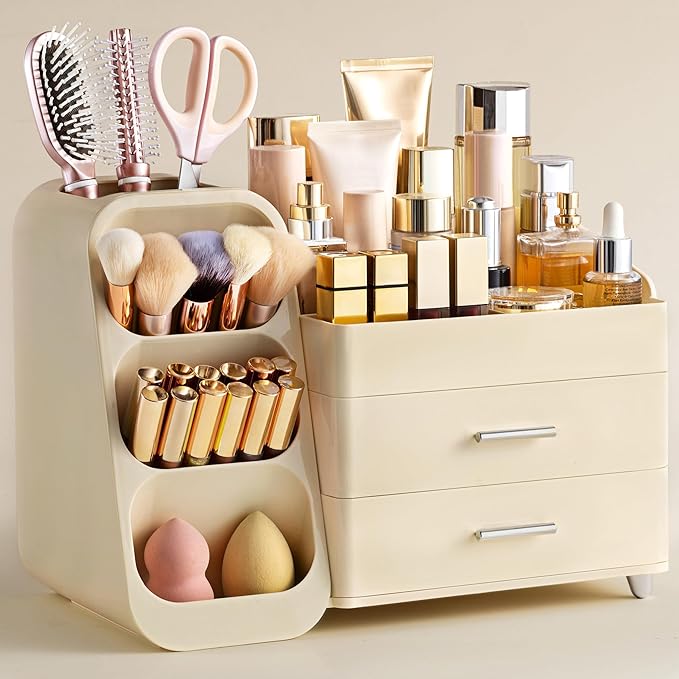 HBlife Makeup Organizer with Brush Holder for Vanity, Large Plastic Bathroom Countertop Organizer Skin Care Storage, Easy to Store Lipsticks, Nail Polishes, Perfumes, Eyeshadow Palettes, All Beige by HBlife
