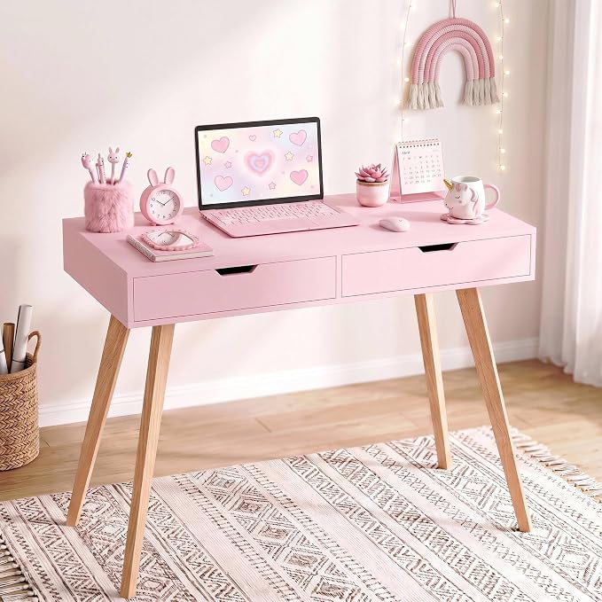 FOTOSOK White Computer Writing Desk with 2 Drawers, Small Desk Makeup Vanity Table Wood Desk with 4 Oak Legs, Modern Home Office Desk Console Study Table, Pink by FOTOSOK