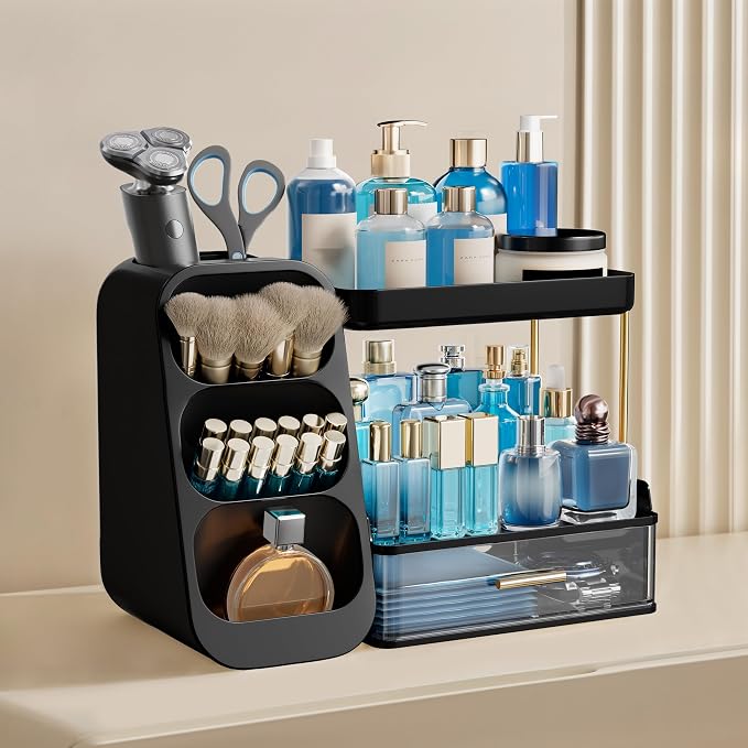 HBlife Bathroom Organizers and Storage with Brush Holder for Vanity, 3 Tier Plastic Makeup Organizer for Dresser Counter, Skincare, Lipstick, Perfume, and Cosmetic Storage, Black - Image 2