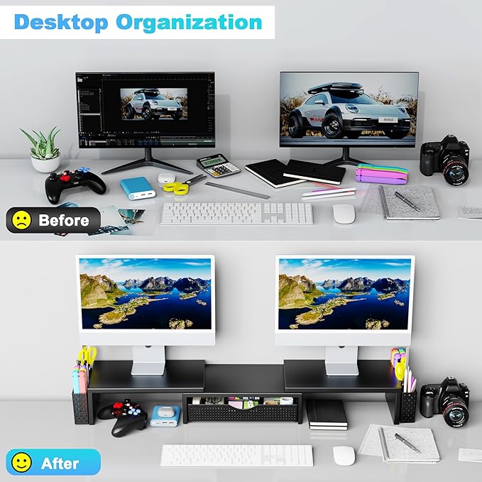 Spacrea Metal Desk Organizers and Accessories, Dual Monitor Stand Riser with Drawer and 2 Pen Holders, Book Racks, Desk Accessories & Workspace Desktop Organizers for Office Supplies (Black) - Image 3