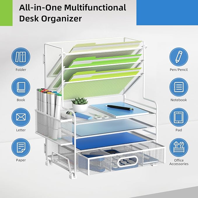 MINDEPOT 4-Tier Paper Organizer + 3-Pocket File Holder + Drawer + Pen Holders, Desktop File Organizers Paper Tray for Office Supplies School Classroom Organization (White, with Drawer & Pen Holder) - Image 2