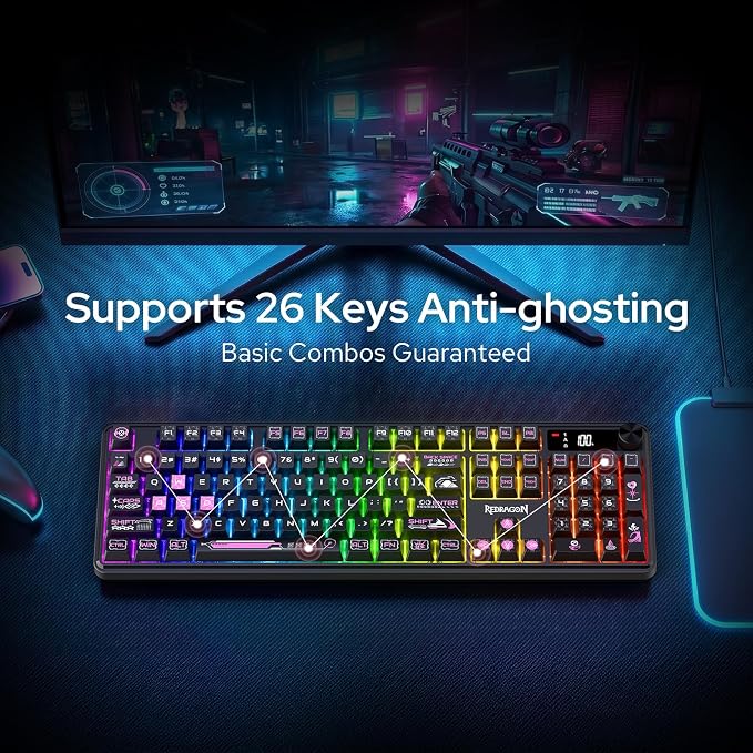 Redragon K526 PRO Wireless RGB Membrane Gaming Keyboard, LED Screen & Knob | See Battery, Mode & Time at a Glance, 0-Delay Tri-Mode, One-Touch Backlit & Media Adjust, 26-Key Anti-Ghost for Combo-Strike - Image 6