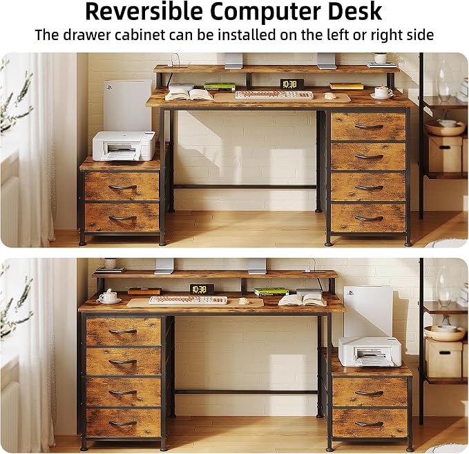 52 Inch Office Desk with 6 Drawers and Printer Space for Storage, Reversible Computer Desk with Monitor Stand & Power Outlets, Home Office Desks, Vintage - Image 7
