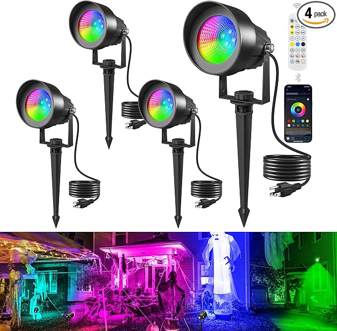 T-SUN Spot Lights Outdoor Waterproof IP65 with US Plug, 270° Adjustable, App & Remote Control, Timer, Dimmable, Music Sync, Multi Scenes, Color Changing Landscape Lights for Yard Garden by T-SUN
