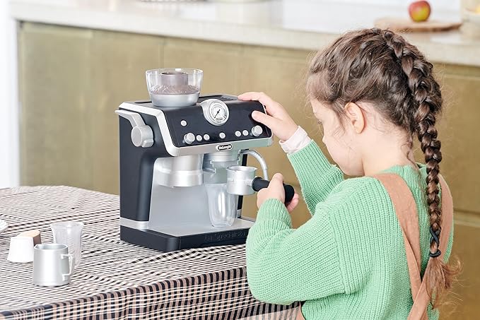 Casdon De'Longhi Toys Barista Coffee Machine. Toy Kitchen Playset for Kids with Moving Parts, Realistic Sounds and Magic Coffee Reveal. For Children Aged 3+, Silver, Black - Image 2