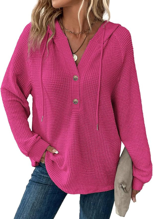Dokotoo Hoodies for Women Waffle Knit Long Sleeve Drawstring Button V Neck Casual Sweatshirt Hooded Tops Fashion Clothing by Dokotoo