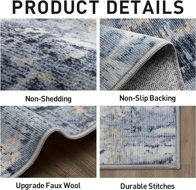 9x12 Area Rugs Washable Rug: Modern Abstract Living Room Rug Soft Anti-Skid Thin Carpet Indoor Floor Non-Shedding Carpets for Bedroom Dining Room Farmhouse Nursery Home Office Blue Gold - Image 5