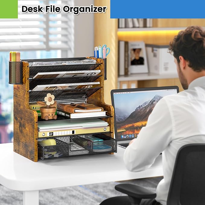 DAOUTIME 6-Tier Mesh Desk Organizer with Drawer, Wooden Office Organizer for Papers, Folders & Office Supplies - Sturdy Desktop File Holder with 2 Pen Holders - Space Saving Home Office Accessories - Image 2