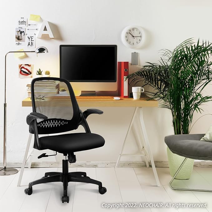 NEO CHAIR Office Desk Chair, Ergonomic Mesh with Flip-Up Armrests, Black | Lumbar Support, Height Adjustment, 360° Swivel and Rolling Base, Space-Saving Design for Home Office, Vanity or Study - Image 8