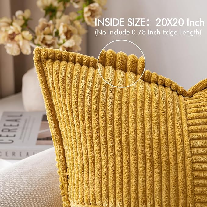 MIULEE Decorative Throw Pillow Covers for Couch Bed Livingroom 20x20 Inch Set of 2 Fall Mustard Yellow Boho Accent Throw Pllows Broadside Striped Patchwork Soft Corduroy Pillowcases - Image 2