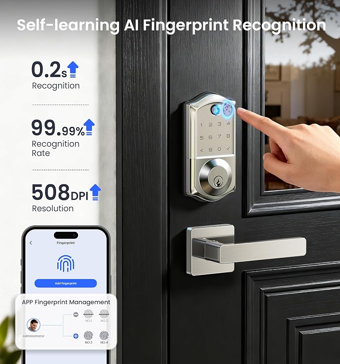 Veise VE017 Fingerprint Smart Door Lock, App Control, 8-in-1 Keyless Entry, Auto Lock, Emergency Power Port, Electronic Touchscreen Keypad, Biometric Smart Locks for Front Door, Satin Nickel - Image 11