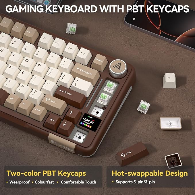 SOLAKAKA A75 PRO 75% Wireless Mechanical Keyboard with Screen and Knob, Tri-Mode Hot Swappable Gaming Keyboard, RGB Backlit Gasket Creamy Pre-lubed PBT Computer Keyboard for PC/Mac/Win,Brown - Image 4