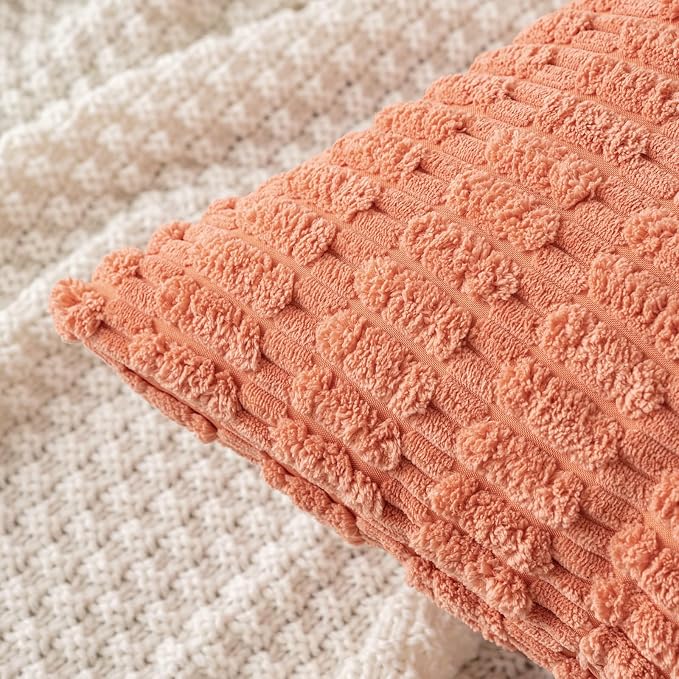 MIULEE Pack of 2 Corduroy Decorative Throw Pillow Covers 18x18 Inch Soft Boho Striped Pillow Covers Modern Farmhouse Home Decor for Summer Sofa Living Room Couch Bed Coral - Image 5