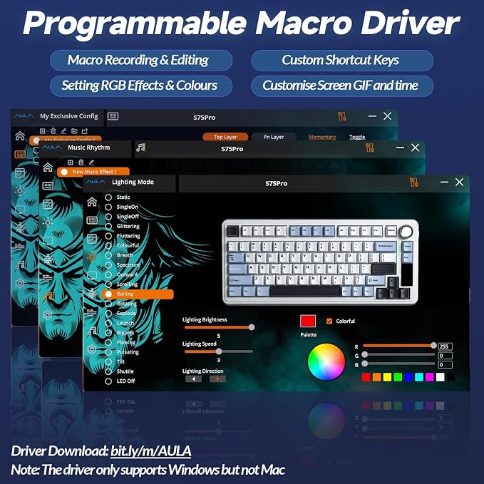 AULA S75 PRO Wireless Mechanical Keyboard with Screen&Knob, Tri-Mode Hot Swappable Gaming Keyboard 75%, Pre-lubed Switches, RGB Backlit, Side Printed PBT Keycaps, Creamy Sounding Computer Keyboards - Image 8