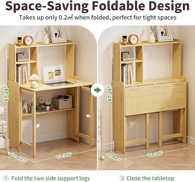 Folding Desk for Small Spaces, Bamboo Foldable Desk with Bookshelf, Natural | Small Computer Desk with Storage, Mid Century, Fold Out，Compact Size, for Bedroom, Living Room, Apartment, Home Office - Image 2