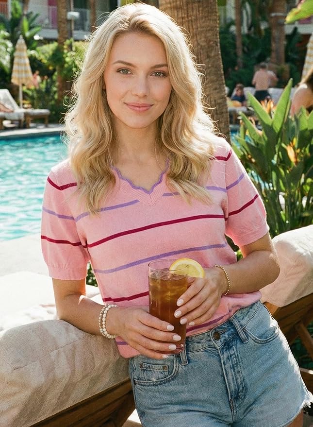 Dokotoo Womens Summer Short Sleeve Knit Tops 2026 Spring Trendy Casual V Neck Striped Sweater Blouses - Image 3
