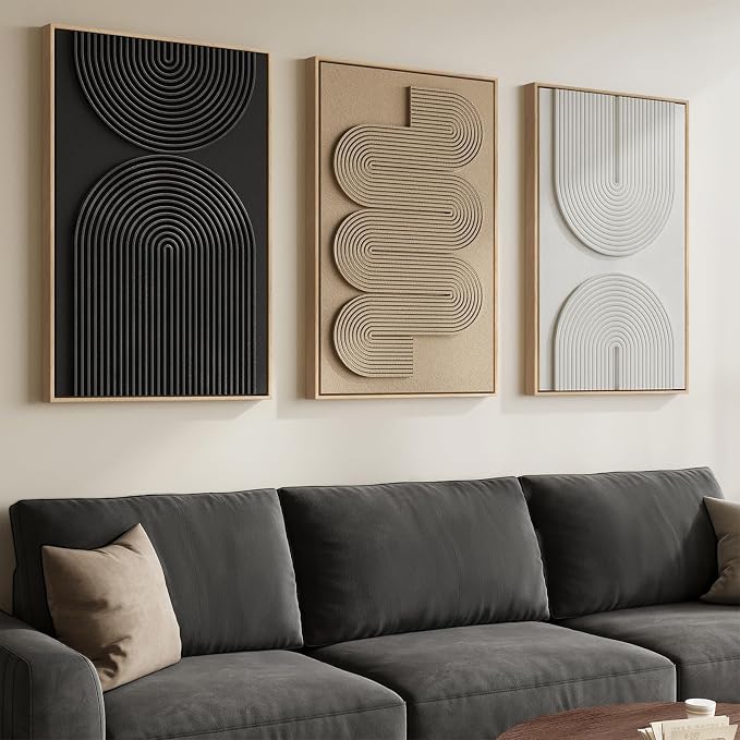 Large 3D Textured Framed Boho Neutral Abstract Wall Art, Set of 3 Modern Paintings Artwork for Walls, Black White Brown Minimalist Geometric Pictures for Living Room, Entryway, Dining Room Wall Decor by Cuspin