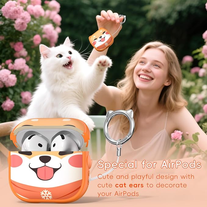 for AirPods 4 Case with Cleaning Kit, Cute Cat Ear Print Design & Cute Buckle, Inverted Phone Holder Design, Top Safe Lock Buckle Design, for Girls AirPods 4 case 2024, Orange Dog - Image 3