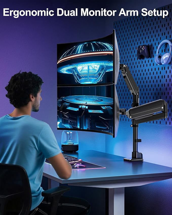 MOUNT PRO Dual Monitor Arm for Max 49" Ultrawide Screens up to 44 lbs, Heavy Duty Extra Tall Monitor Desk Mount, Vertical Stacked Adjustable Dual Monitor Mount, VESA Mount 75x75mm/100x100mm - Image 8