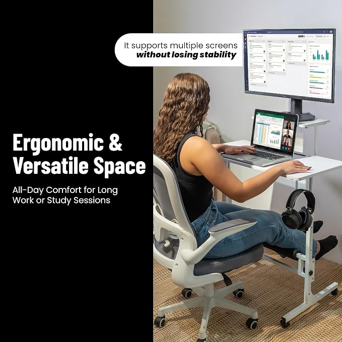 Small Rolling Desk with Wheels, Adjustable Height 27"-43.3" Portable Standing Desk, 31.5"x15.7" Tabletop, Mobile Laptop Computer Table for Home Office Workstation, White - Image 4