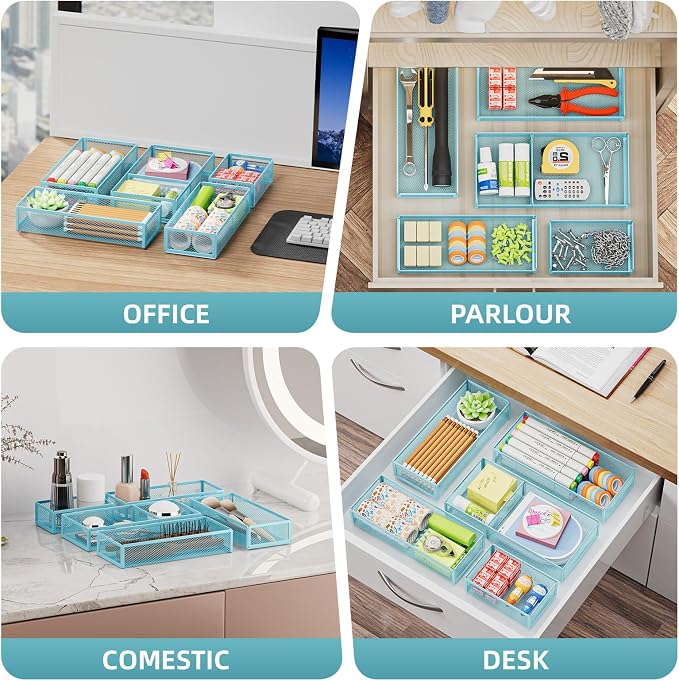 Marbrasse 5 Pack Desk Drawer Organizer Set, Mesh Drawer Storage Trays with 1 Adjustable Divider, Desk Organizers and Accessories, 5 PCS Drawer for Office Supplies, Makeup & Vanity (Blue) - Image 3