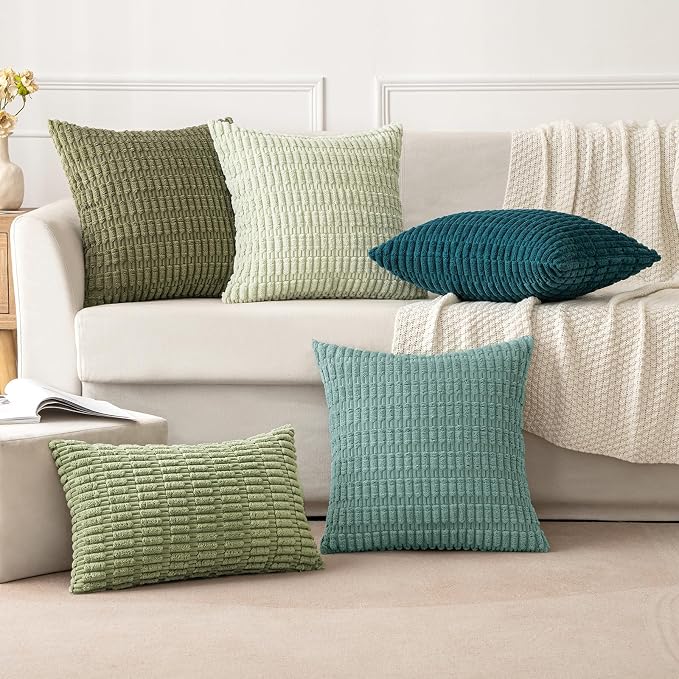 MIULEE Pack of 2 Corduroy Decorative Throw Pillow Covers 18x18 Inch Soft Boho Striped Pillow Covers Modern Farmhouse Home Decor for Summer Sofa Living Room Couch Bed Teal Green - Image 5