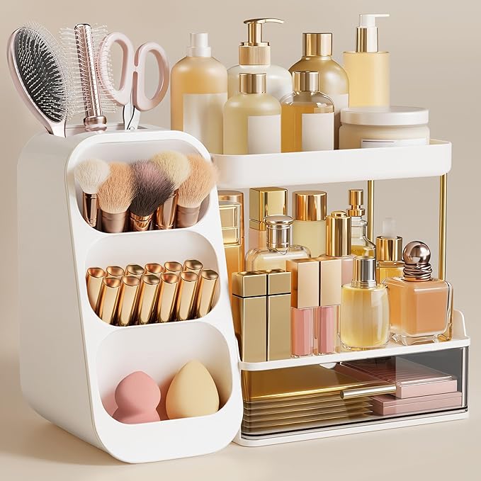 HBlife Bathroom Organizers and Storage with Brush Holder for Vanity, 3 Tier Plastic Makeup Organizer for Dresser Counter, Skincare, Lipstick, Perfume, and Cosmetic Storage by HBlife