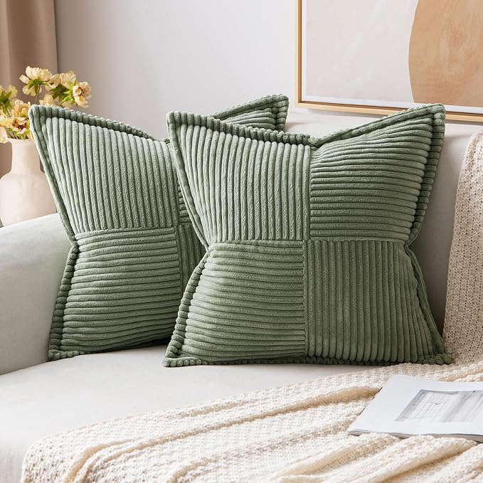 MIULEE Decorative Throw Pillow Covers for Couch Bed Livingroom 18x18 Inch Set of 2 Light Olive Green Boho Accent Throw Pllows Broadside Striped Patchwork Soft Corduroy Summer Pillowcases by MIULEE